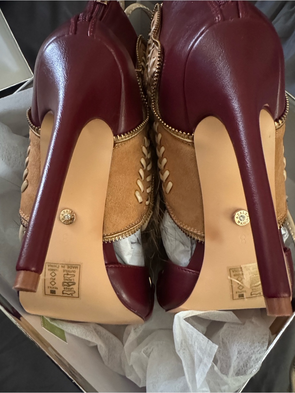 AKIRA Red and Tan Fur-Trim Lace-Up Stiletto Booties - Picture 10 of 16